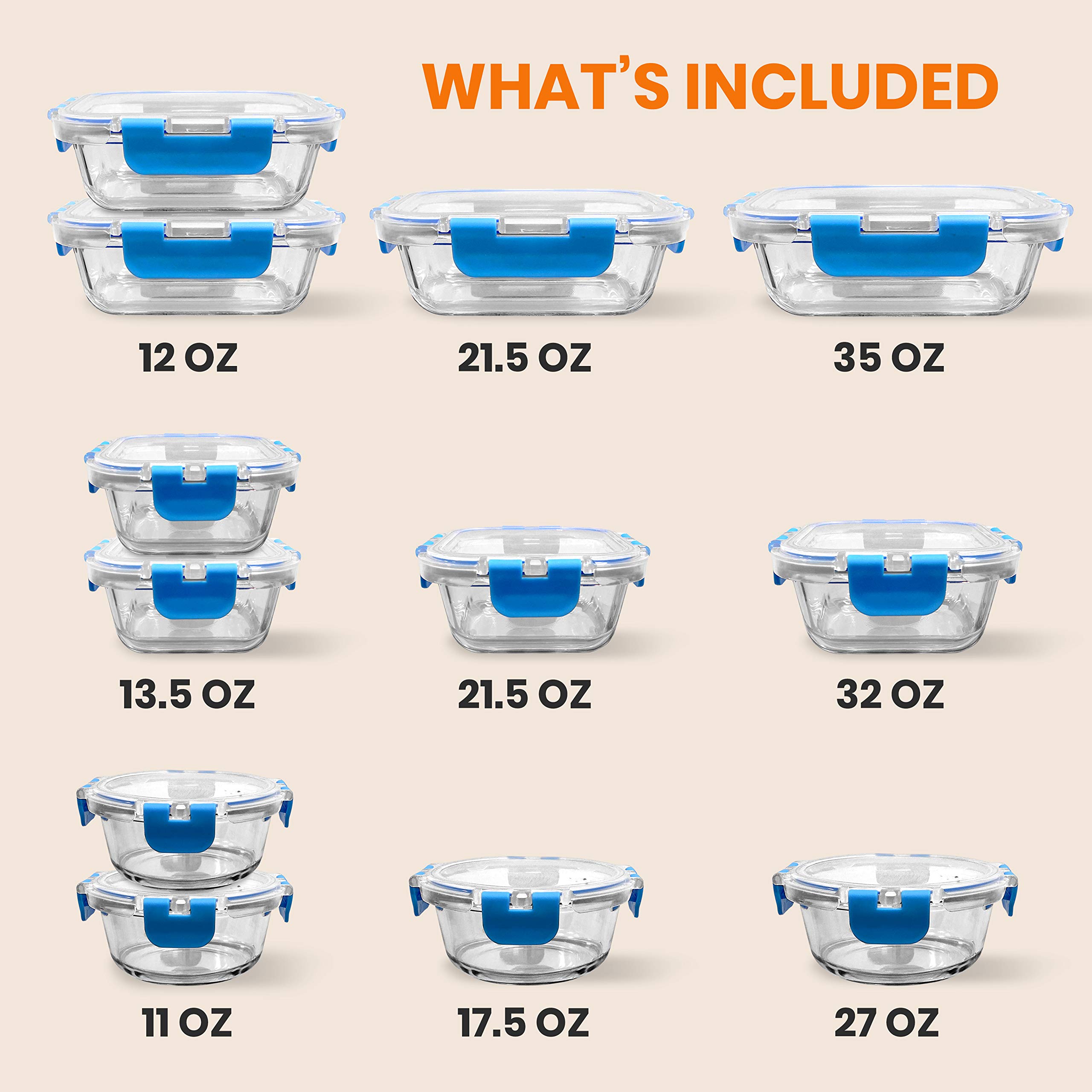 NutriChef 12-Piece Glass Food Storage Containers Set with Airtight Lids - BPA-Free Stackable Meal Prep Containers for Kitchen, Office & Travel - Microwave, Freezer & Dishwasher Safe - Ideal for Meal Prep, Leftovers, Snacks, Fruits & Salad Storage (Blue)