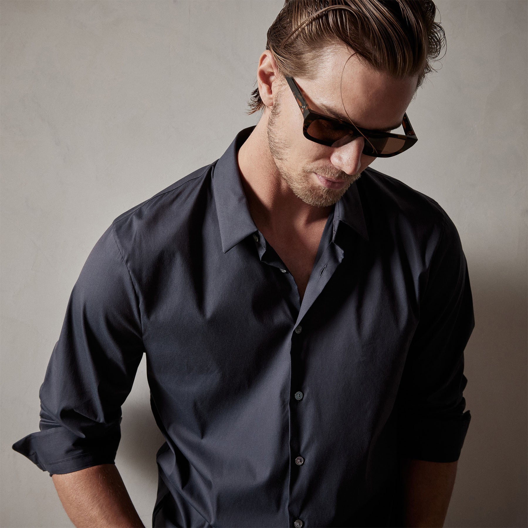 Premium Matte Stretch Poplin Dress Shirt for Men - Navy Blue Business Casual Shirt - Perfect for Office, Weddings & Formal Events
