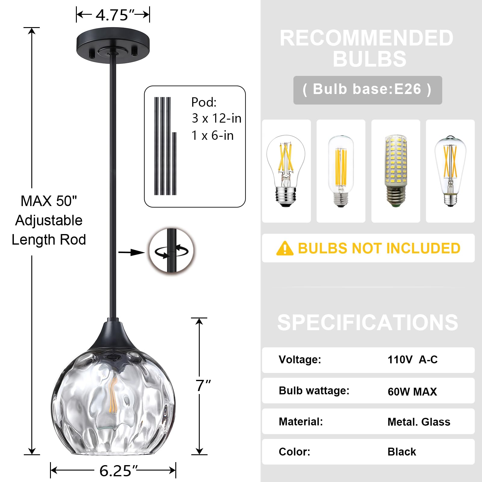 3 Pack Black Modern Farmhouse Pendant Lights - 6.3