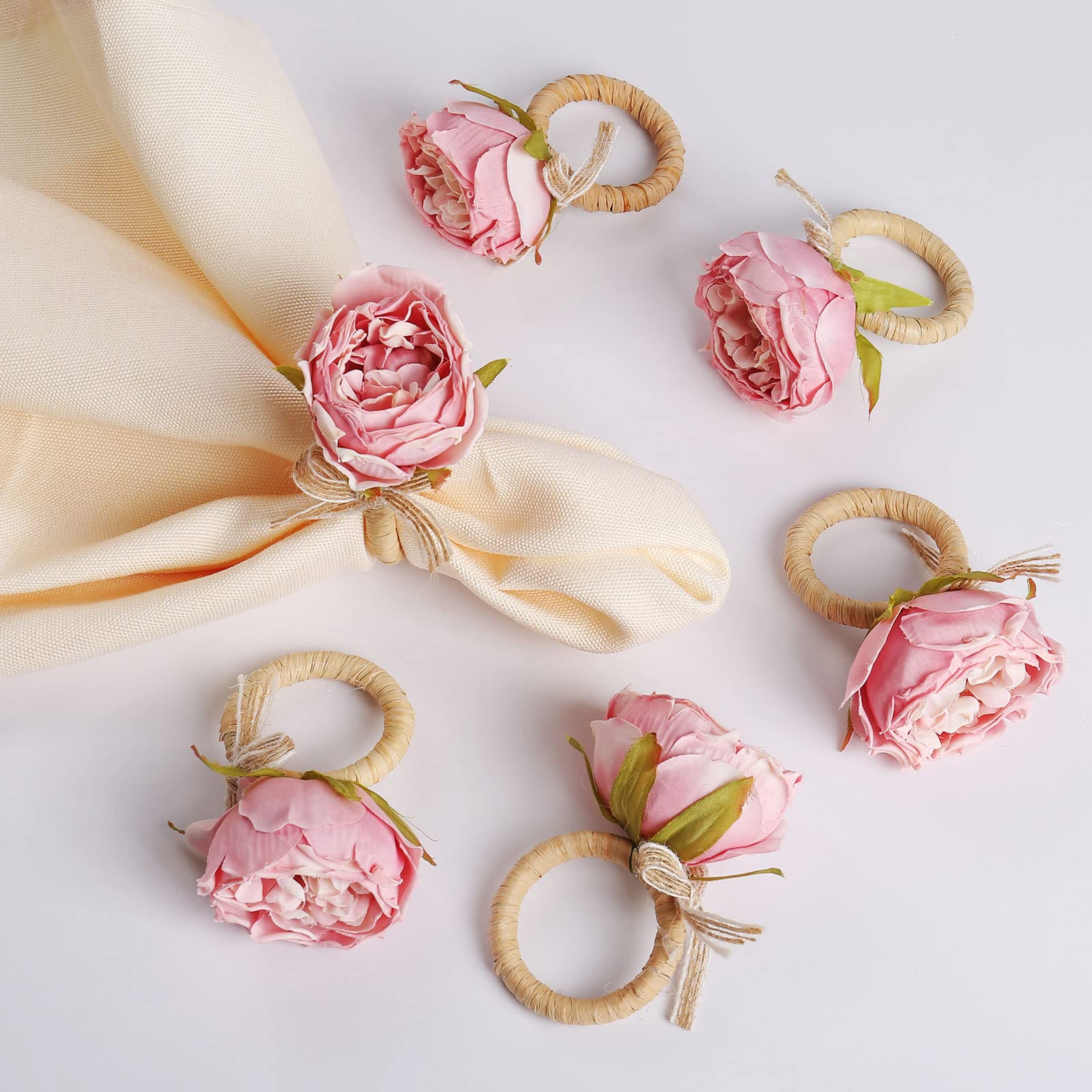 Handmade Pink Peony Flower Napkin Rings Set of 6 - Elegant Table Decor for Weddings, Parties, Holidays & Special Occasions | Perfect for Dining, Banquets, Picnics & Home Decor