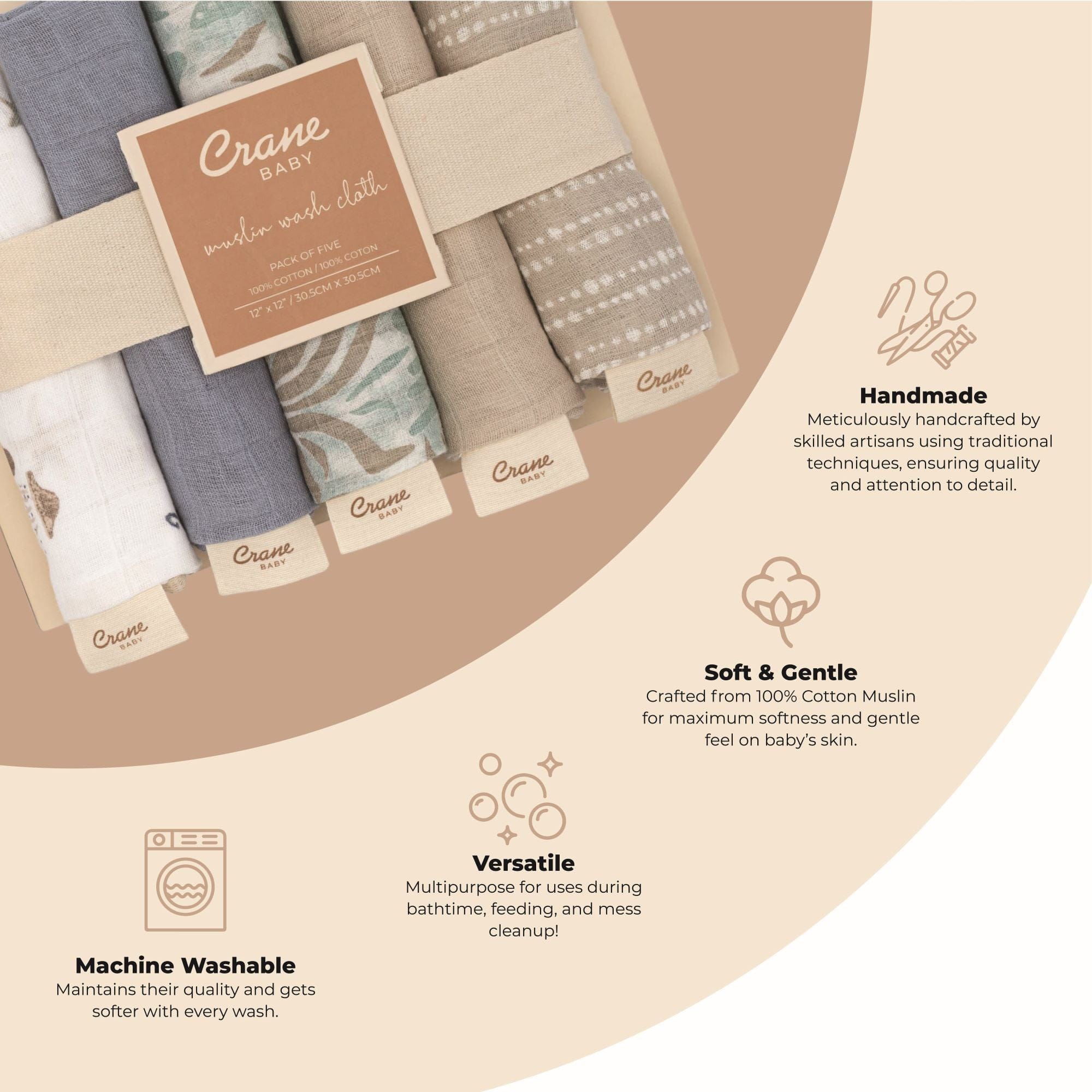 Crane Baby Cove 5-Piece Wash Cloth Set | Soft Organic Cotton Baby Washcloths with Sea Life Design | Perfect for Newborn Bath Time & Gentle Skin Care