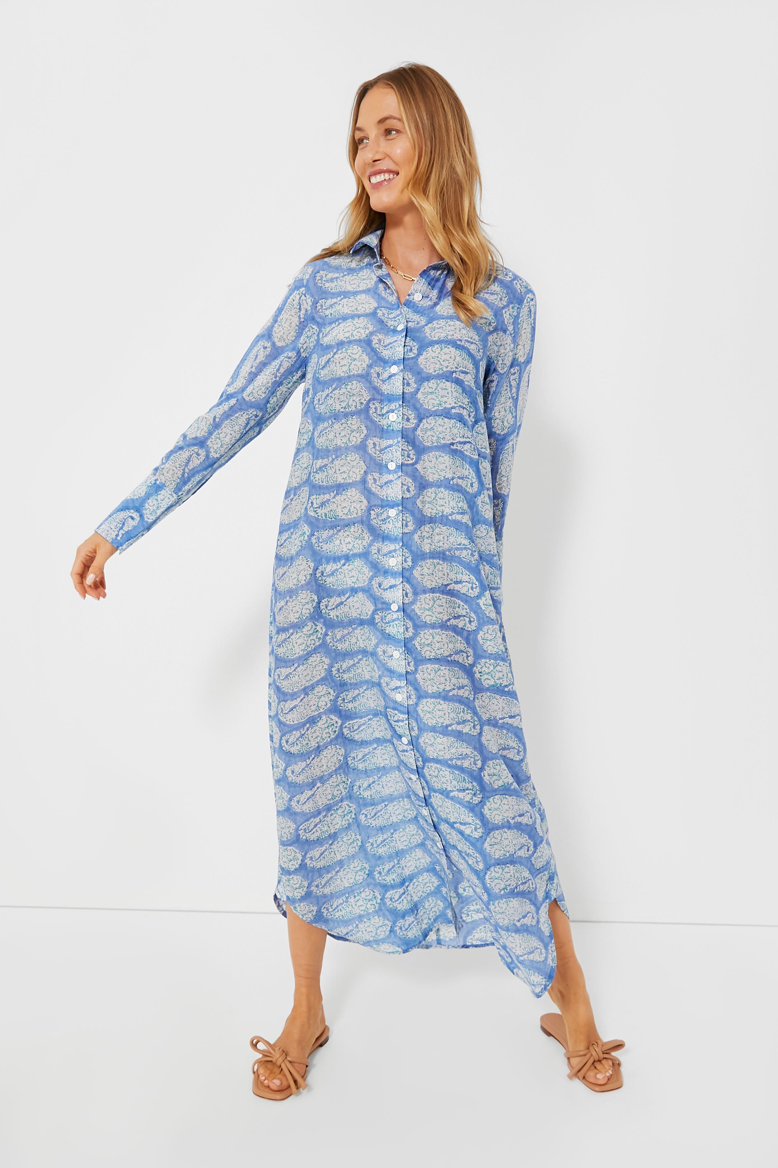 Blue Turquoise Paisley Print Oversized Maxi Shirt Dress for Women | Boho Chic Beach Cover-Up & Summer Casual Outfit