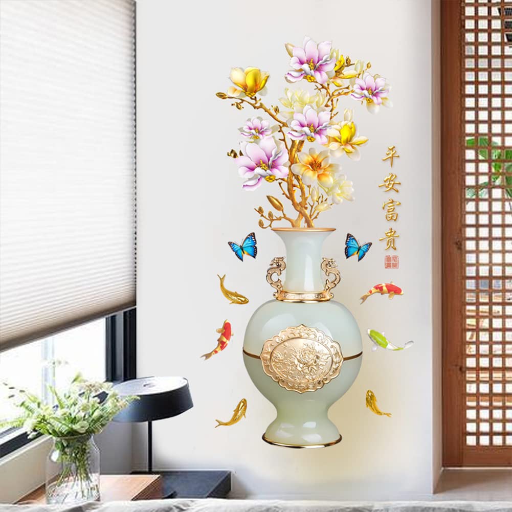 3D Vase Wall Stickers - Embossed Flower PVC Self-Adhesive Waterproof Wall Decals, Removable Wallpaper for Bedroom Decor, Aesthetic Wall Art for Living Room, Kitchen & Home Background Design