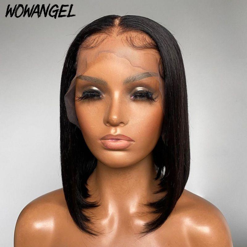 WOWANGEL 13x4 Transparent Lace Front Wig - Straight Bob Human Hair Wig 180% Density Natural Black for Women | Perfect for Daily Wear, Cosplay & Special Occasions