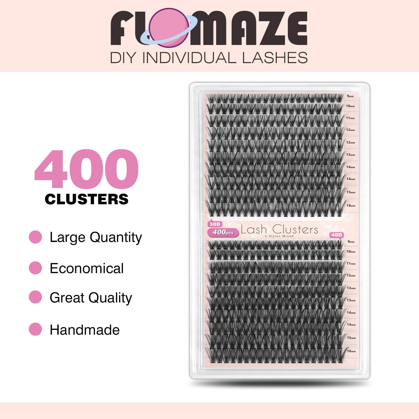400pcs 30D+40D Natural Handmade Cluster Eyelash Extensions - C Curl 0.07mm Soft False Lashes (9-16mm) for Volume Lash Look | Perfect for Bridal, Party & Everyday Wear