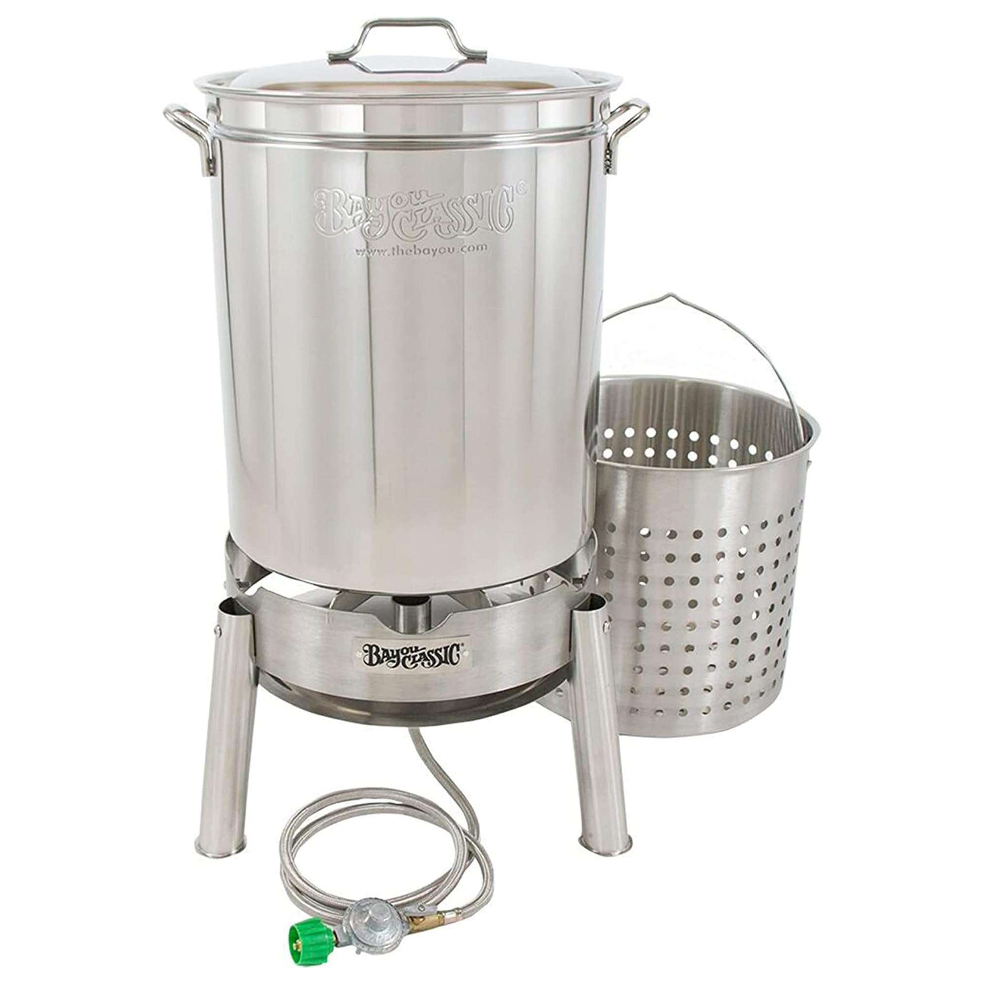 Bayou Classic 62 Quart Stainless Steel Boil and Steam Cooker Kit with Lid, Basket, Single Jet Burner, 10 PSI Regulator & 60 Inch Hose - Perfect for Outdoor Cooking, Seafood Boils, Canning and Large Gatherings