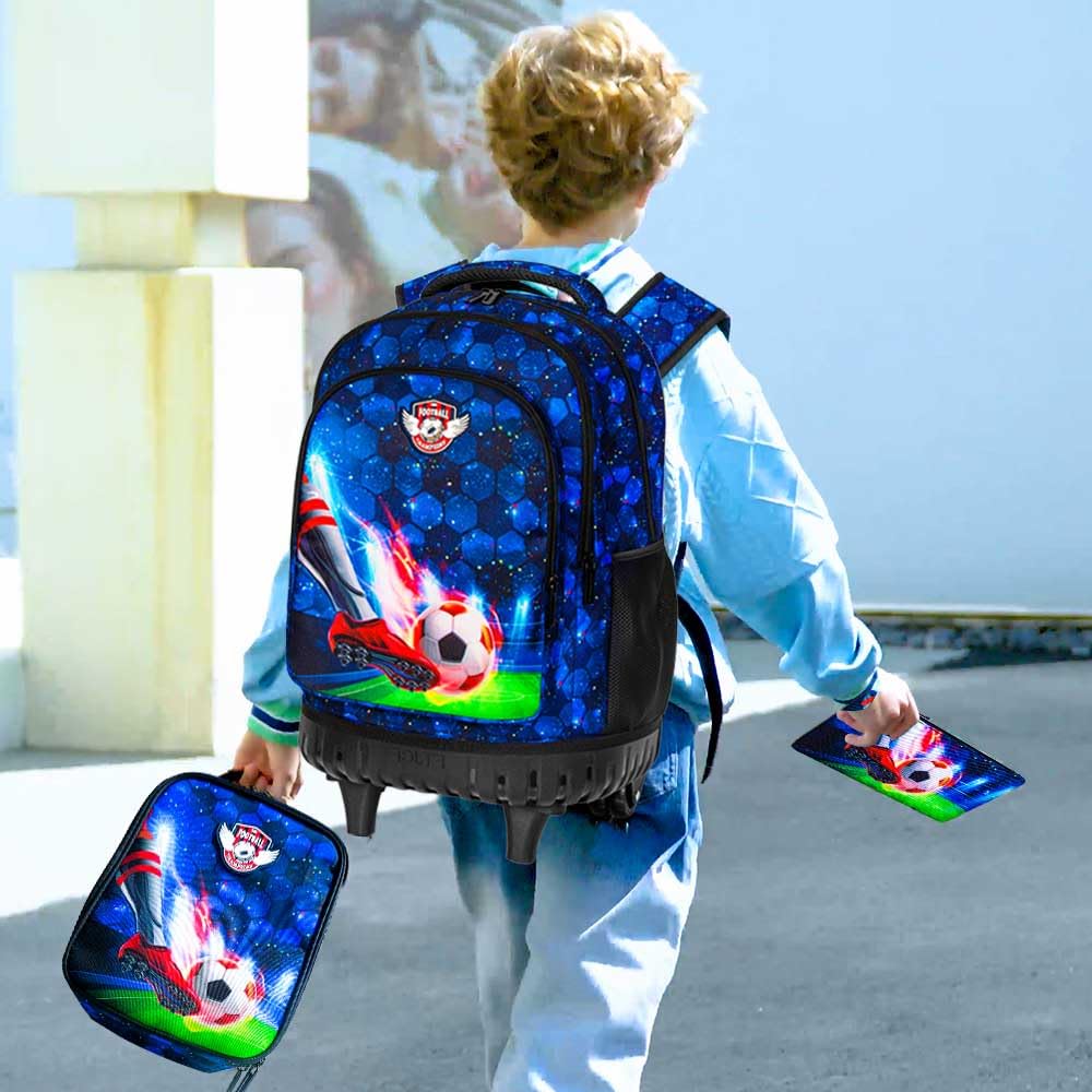 CCJPX 3PCS Rolling Backpack for Boys - 21 Inch Water Resistant Wheeled Soccer Backpack with Roller Wheels, Durable Football Bookbag for Teens & Elementary School Students - Perfect for Travel, Sports & Daily Use - Blue