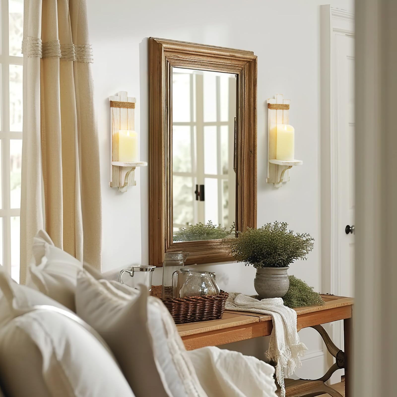 Homemory Farmhouse Wooden Wall Sconces Candle Holder Set of 2 - Rustic Wall Decor for Living Room, Dining Room, Bedroom & Bathroom - White - Perfect for Cozy Home Ambiance and Romantic Lighting
