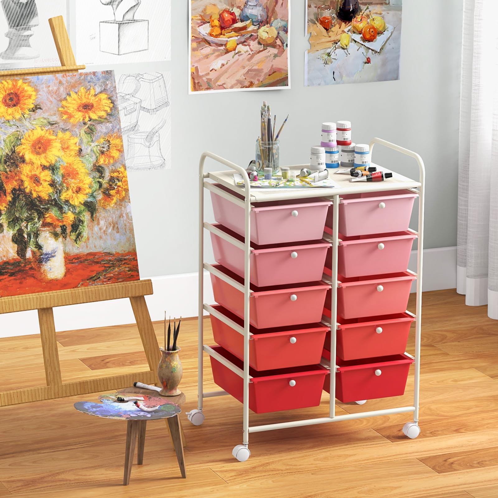 Giantex 10-Drawer Rolling Storage Cart with Wheels - Mobile Organizer for Classroom, Office, Home & School - Perfect for Teacher Supplies, Craft Tools, Art Paper & Stationery - Pink Gradient Design - Ideal for Organizing, Decluttering & Workspace Efficiency