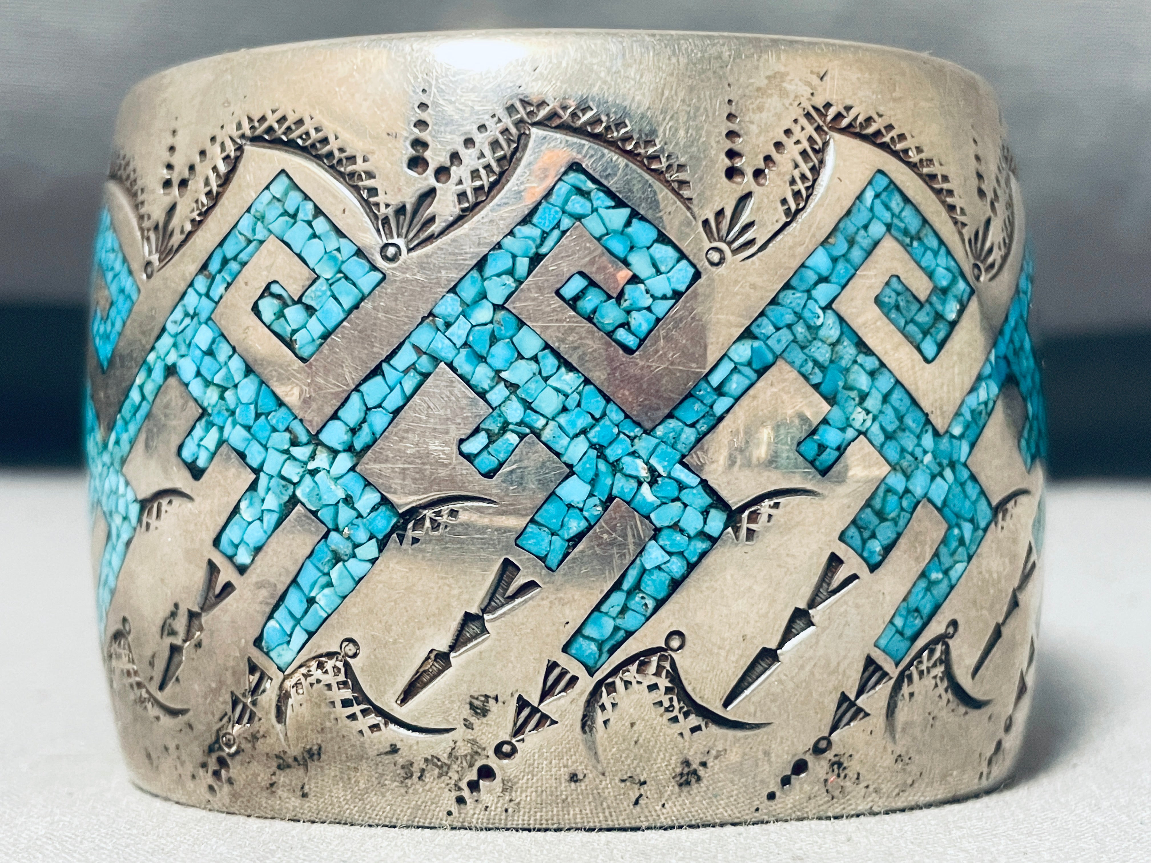 121 Gram Authentic Vintage Navajo Sterling Silver Bracelet with Geometric Water Design - Handmade Native American Jewelry for Women, Perfect for Boho Fashion & Special Occasions