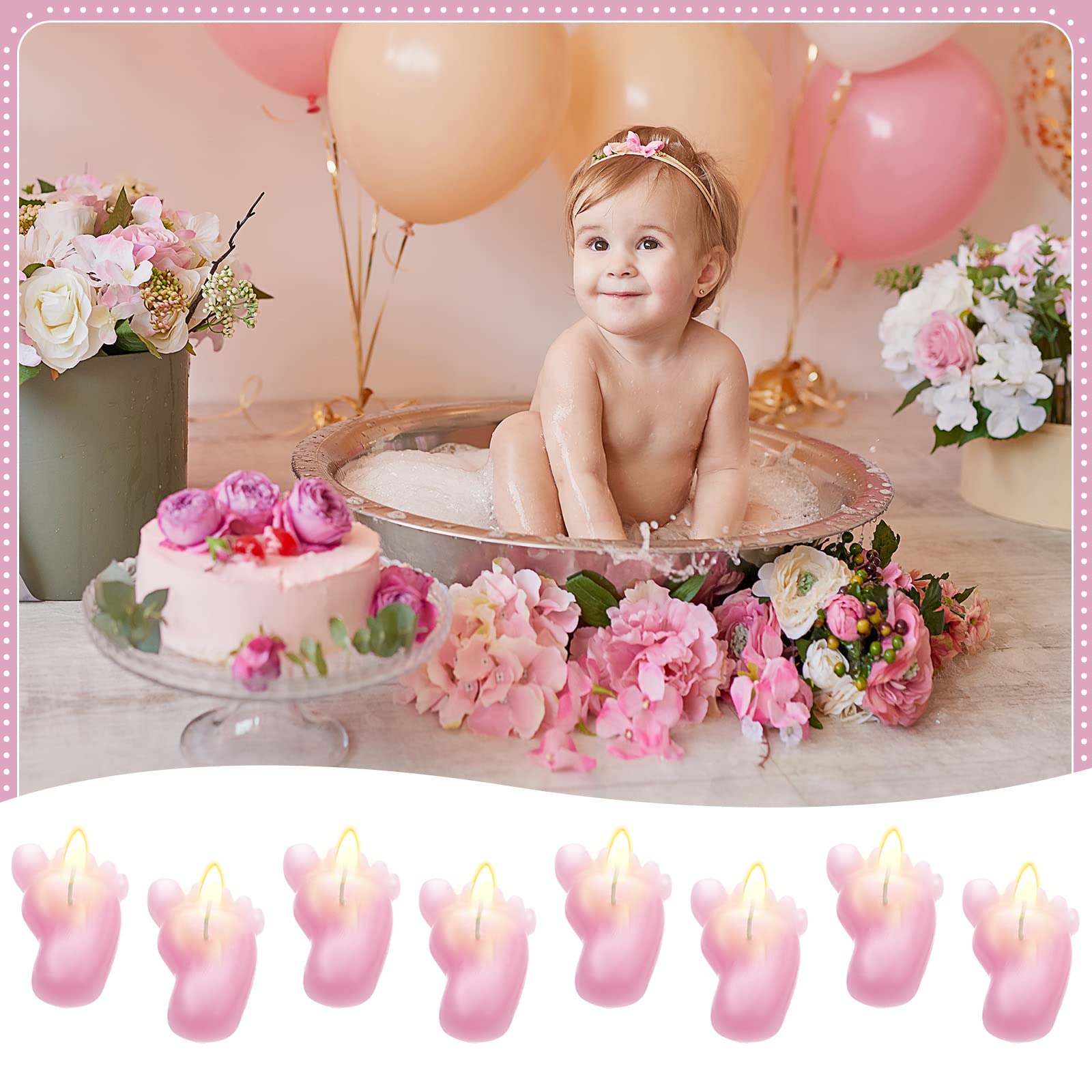 50 Pcs Pink Baby Footprint Candles - Gender Reveal & Baby Shower Favors with Gift Bags & Thank You Cards - Perfect for Newborn Celebrations, Party Decorations & Guest Gifts