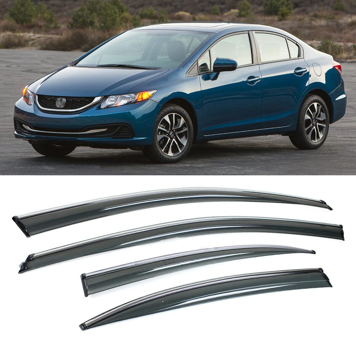 Chrome Window Deflectors for 2012-2015 Honda Civic 4 Door Sedan - Tape-On Window Visors & Rain Guards - Perfect for Rain Protection and Improved Ventilation While Driving