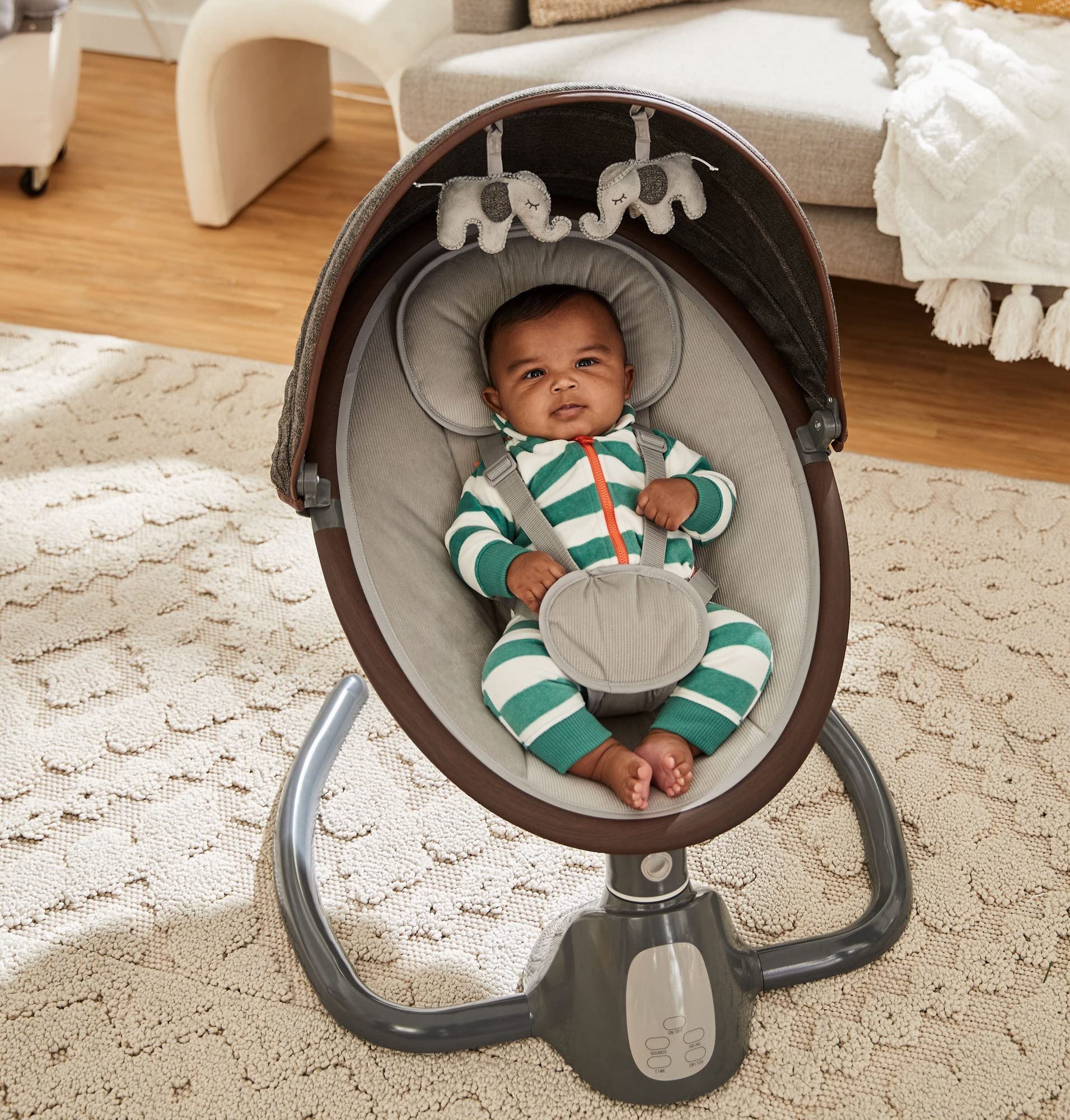 Safety 1st 5-in-1 Bluetooth Baby Swing with Digital Touch Screen & Remote Control - Gentle Rocking Motion for Newborns & Infants - Perfect for Nursery, Bedroom & Travel Use