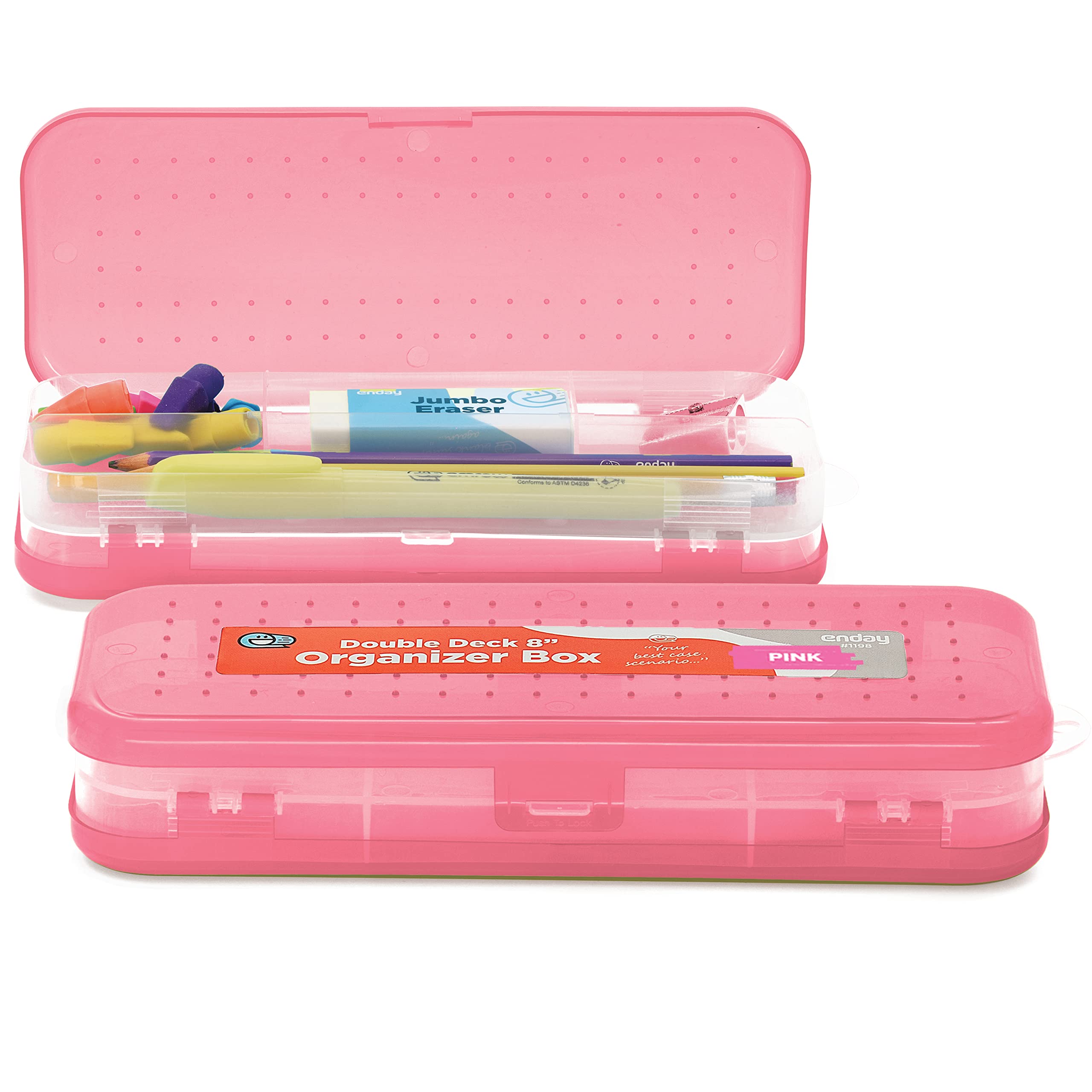 Pink Plastic Double Deck Pencil Case with 5 Compartments - School & Office Supplies Organizer Box for Pens, Pencils, Markers - Available in Green, Purple, Blue, Red & Grey - Perfect for Students, Teachers & Professionals