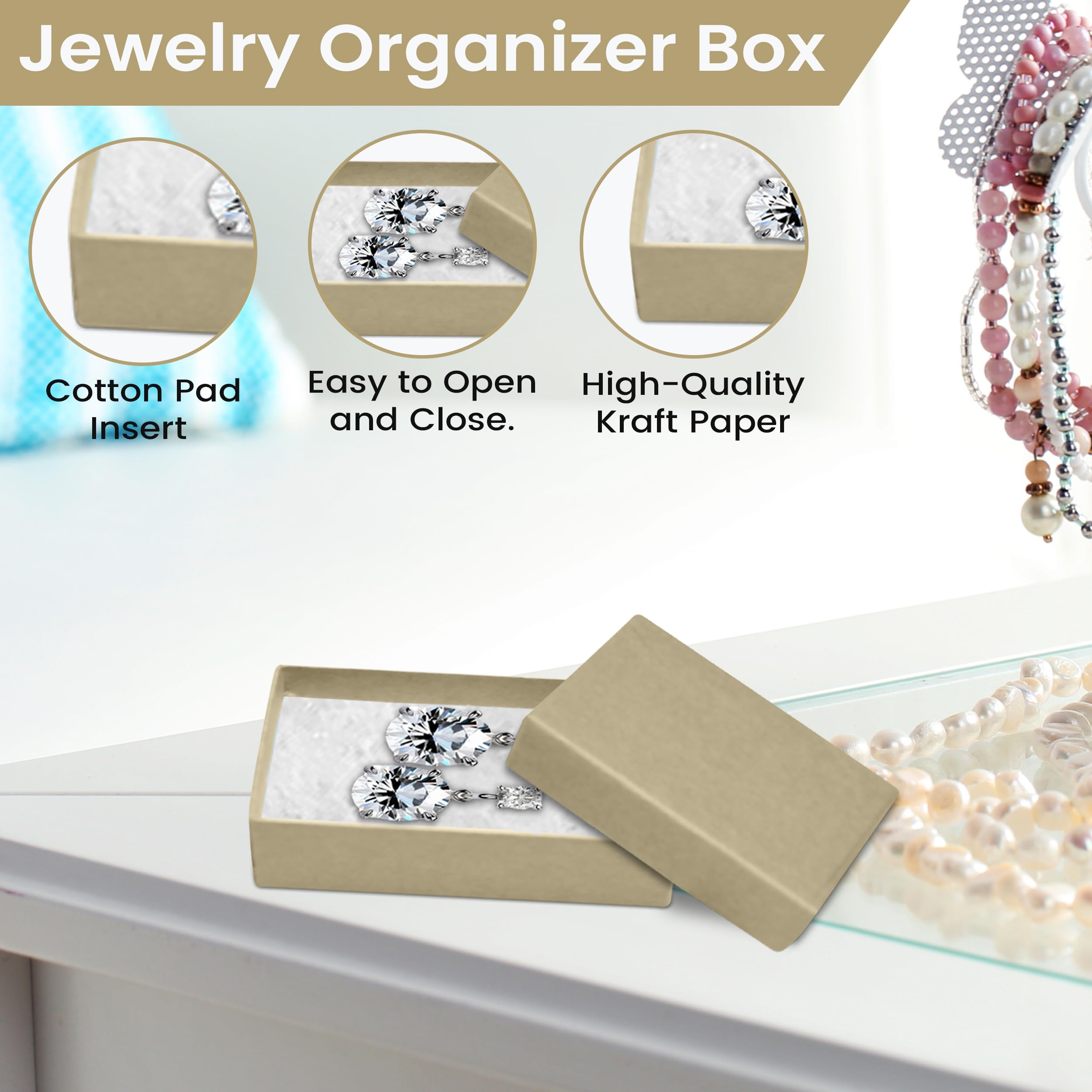 25 Pack Kraft Jewelry Gift Boxes 2.5x1.62x1 Inch - Cotton Filled Cardboard Jewelry Storage Box with Lid - Made in USA - Perfect for Bracelets, Necklaces, Rings & Earrings - Great for Gifting, Wedding Favors & Retail Display