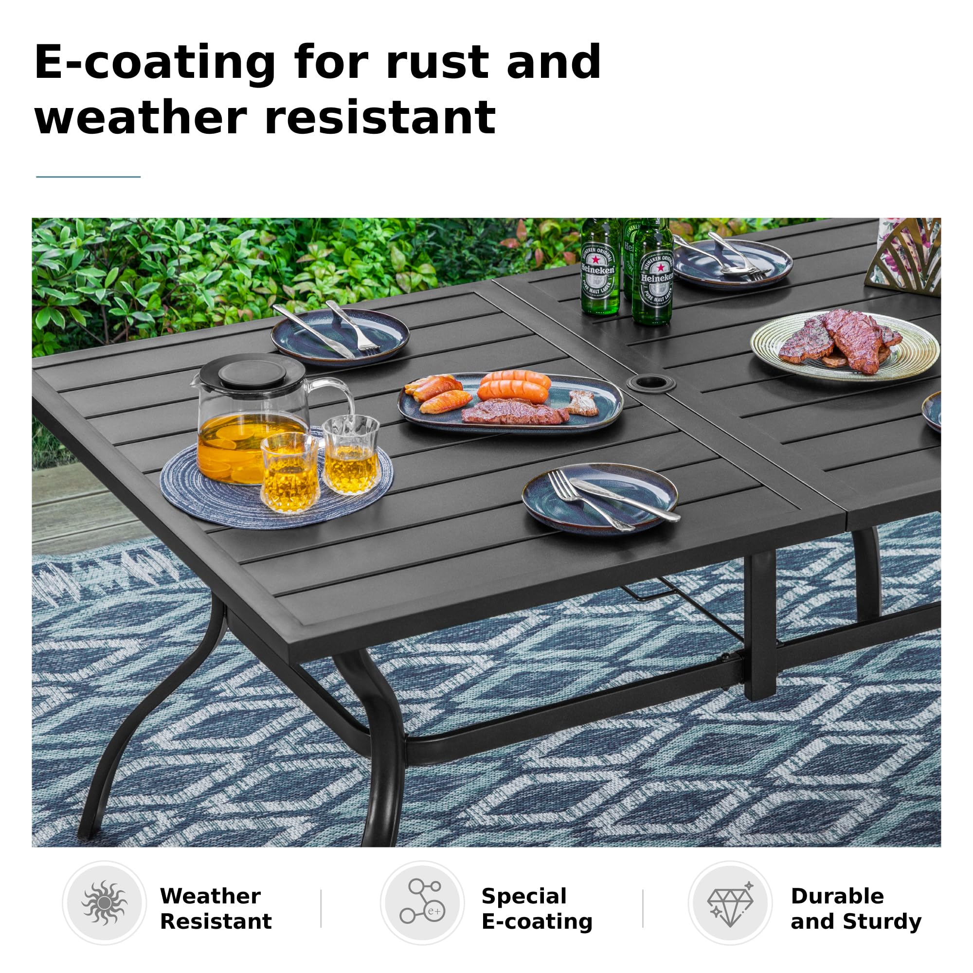 MFSTUDIO 6-Person Outdoor Patio Dining Table with Umbrella Hole - Durable Metal Garden Table for Deck, Backyard, Lawn - Weather-Resistant Black Patio Furniture (Perfect for BBQs, Poolside Dining & Outdoor Entertaining)