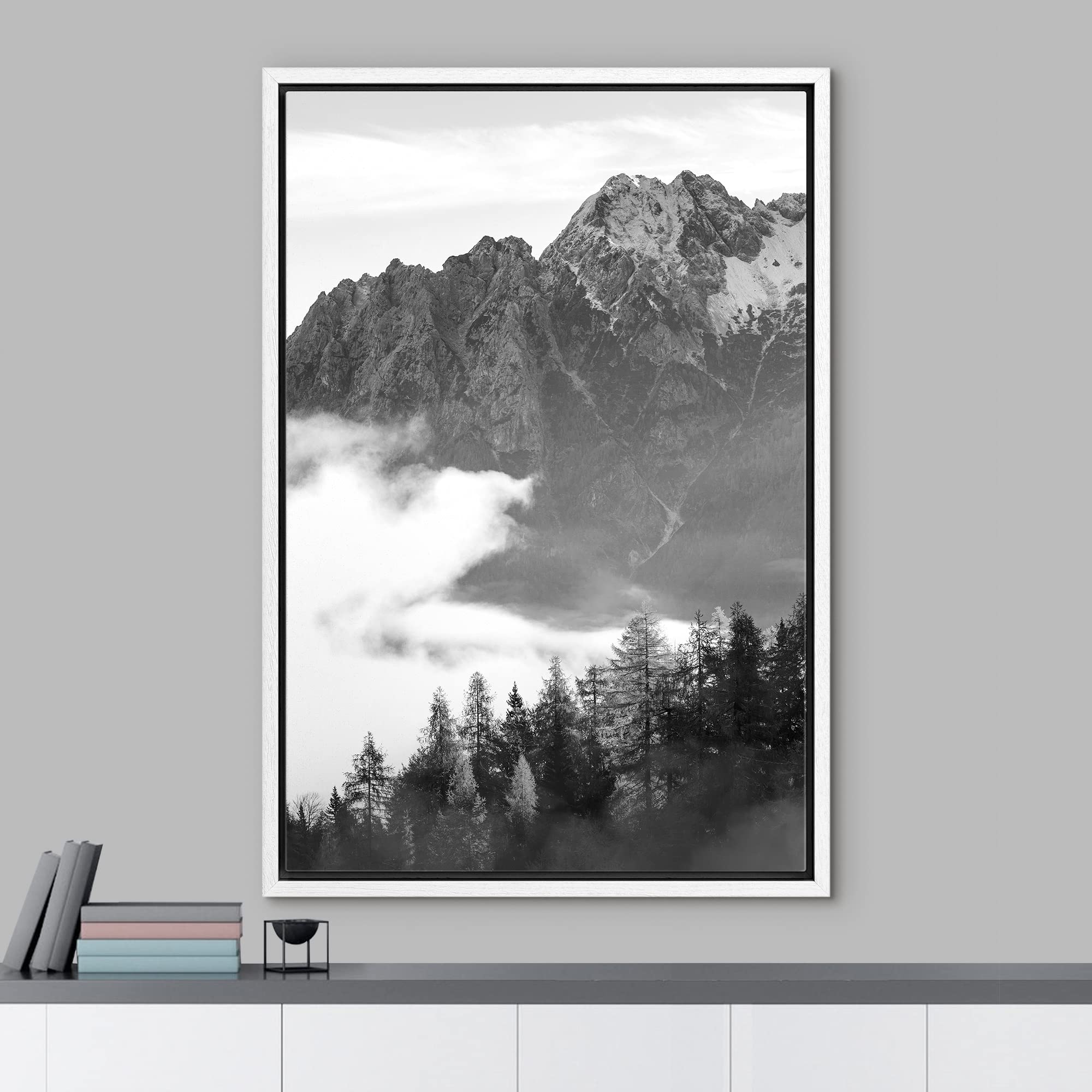 IDEA4WALL Framed Canvas Print Wall Art - Black & White Mist Over Mountain Forest Valley, Woodland Nursery Decor, Nature Wilderness Dramatic Cool Design for Living Room, Bedroom, Office, 24