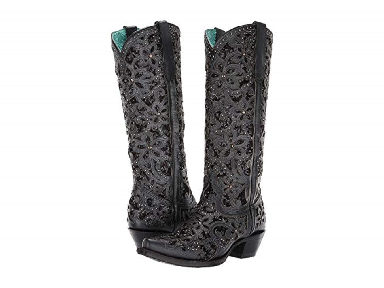 Floral Studded Rhinestone Cowgirl Boots for Women - Knee High Western Boots with Sequins & Tooled Inlay - Snip Toe Casual Boots 1-2