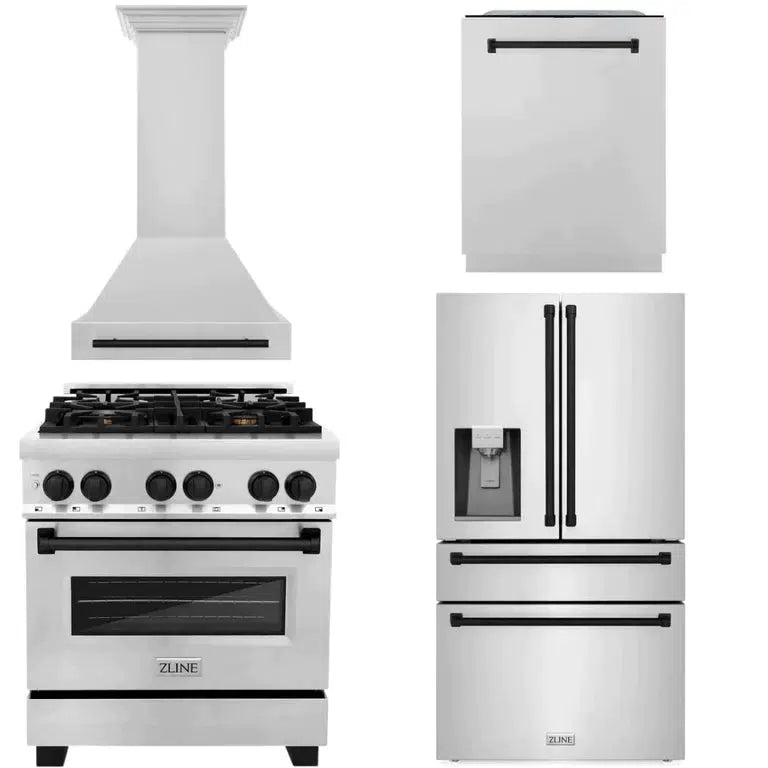 ZLINE Autograph Edition 30-inch Stainless Steel Dual Fuel Range Kitchen Package with Range Hood, Dishwasher & Refrigerator with External Water Dispenser - Matte Black Accents (4AKPR RARHDWM30 MB) | Premium Kitchen Appliances for Modern Homes & Professional Chefs