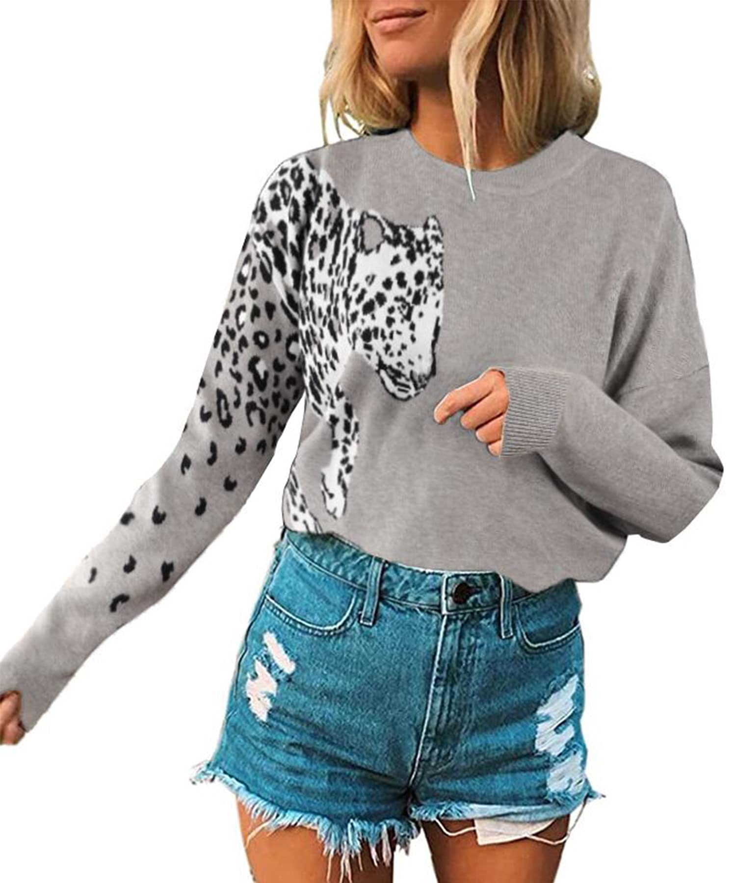 Angashion Women's Casual Leopard Print Cropped Knit Sweater - Long Sleeve Patchwork Pullover Top for Fall & Winter Fashion | Perfect for Office, Date Night and Weekend Outfits