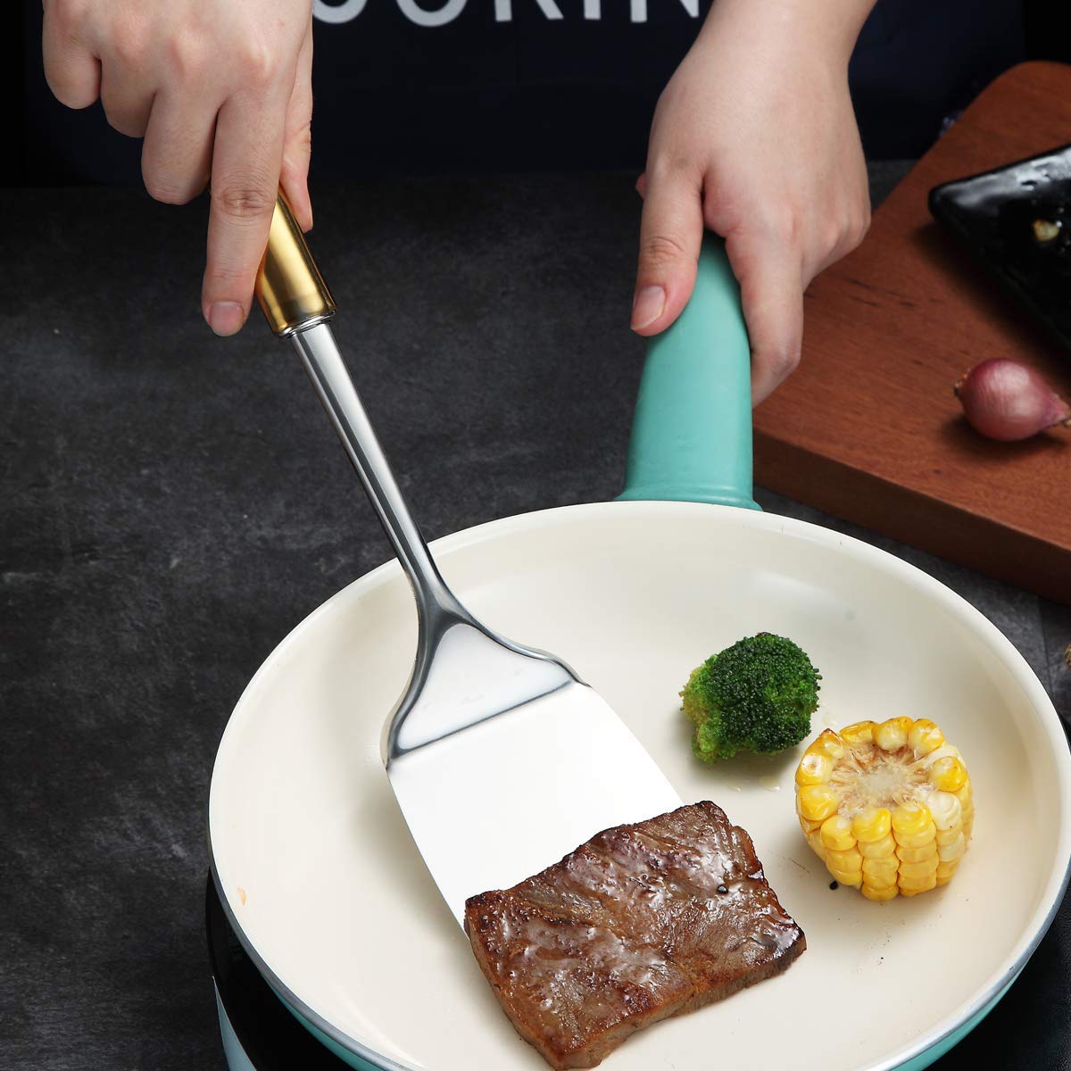 Premium Stainless Steel Spatula with Gold Handle - Titanium Plated Solid Turner for Cooking, Flipping, BBQ & Fish - Durable Kitchen Utensil for Grilling, Frying & Baking (Gold Handle)
