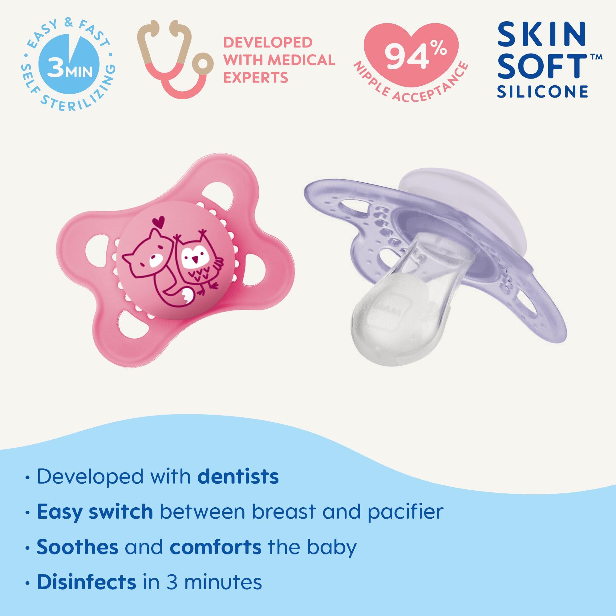 MAM Original Matte Baby Pacifiers for Newborns 0-6 Months - BPA-Free Silicone Soothers for Girls & Boys - 2 Pack with Sterilizer Case - Pediatrician Recommended, Easy to Clean | Perfect for Daycare, Travel & Sleep Comfort