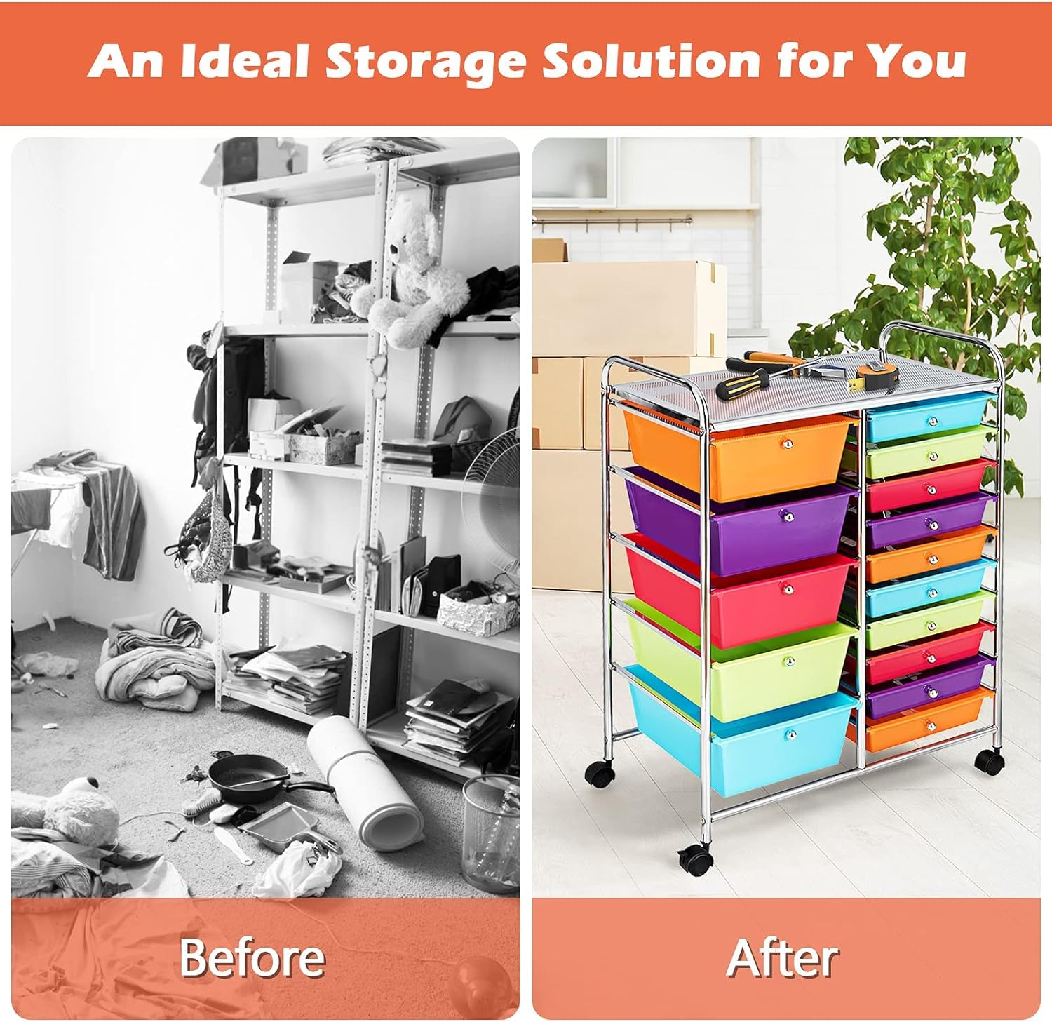 LDAILY 15-Drawer Rolling Storage Cart - Multipurpose Mobile Organizer with Durable Metal Frame | Perfect for Office, School & Craft Room Organization | Scrapbook Paper Storage, Art Supplies & Stationery Organizer (Colorful)