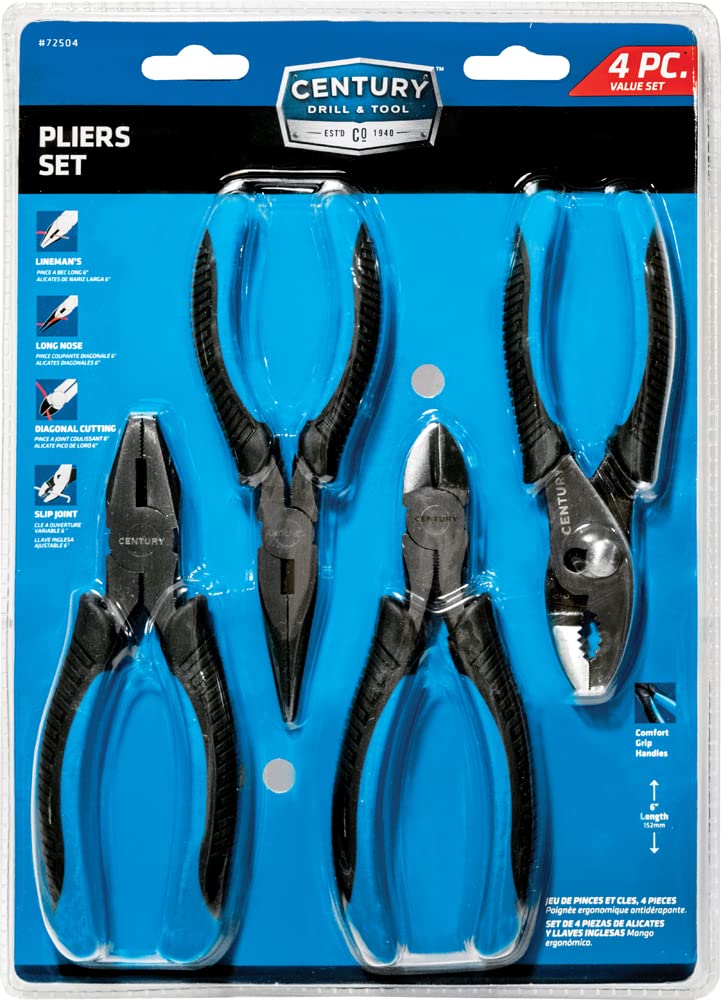 Century Drill & Tool 72504 5-Piece Pliers Set - High-Quality Hand Tools for DIY, Home Repair, and Professional Use - Perfect for Plumbing, Electrical Work, and Automotive Maintenance