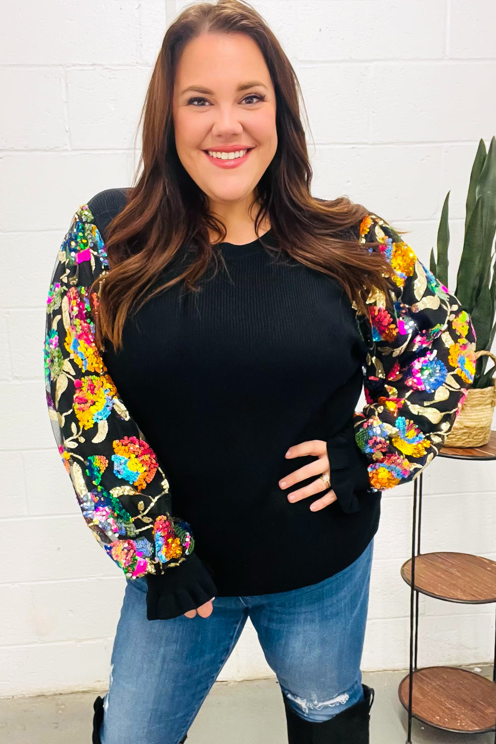 Diva Dreams Black Floral Sequin Mesh Sleeve Rib Knit Top for Women | Elegant Party Blouse | Perfect for Night Out, Date Night & Special Occasions