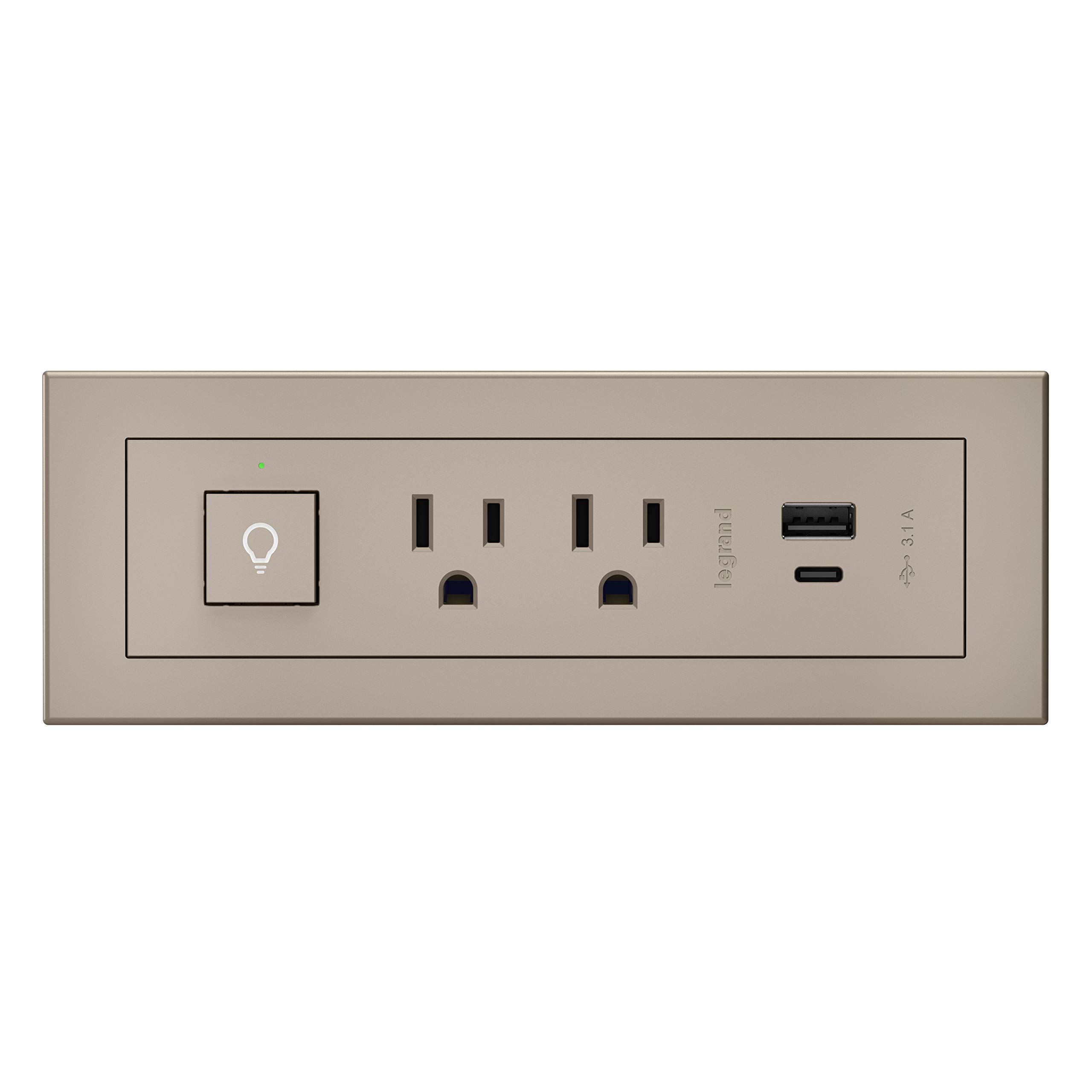 Legrand Wiremold RDSZCNI Recessed Power Strip with 2 Outlets & USB Ports (Type A/C), 6-Foot Cord, Nickel Finish - Perfect for Home Office, Bedroom & Entertainment Center Power Management