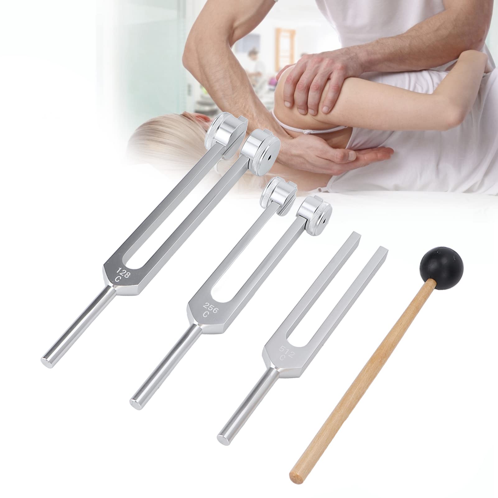 ZJchao 3-Piece Aluminum Alloy Tuning Fork Kit (128Hz, 256Hz, 512Hz) with Hammer - Professional Sound Therapy Tools for Home & Clinical Use, Musical Instrument Tuning, Chakra Balancing & Vibration Therapy (Silver)