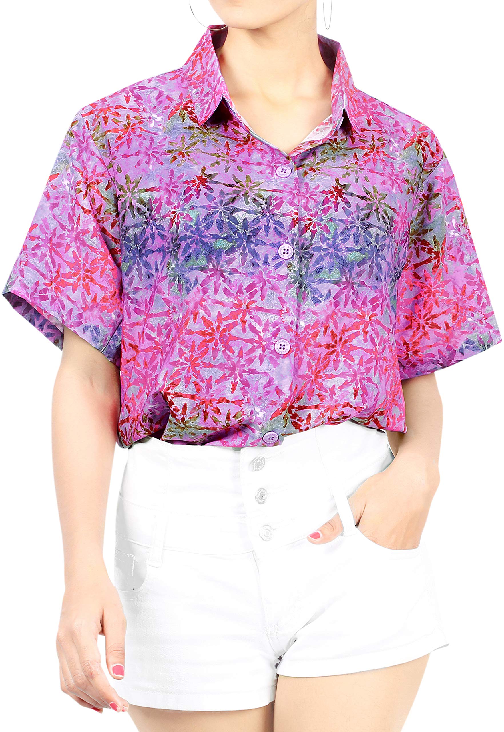 Happy Bay Women's Hawaiian Beach Shirt - Floral Print Short Sleeve Blouse for Vacation, Summer Outfits & Tropical Getaways