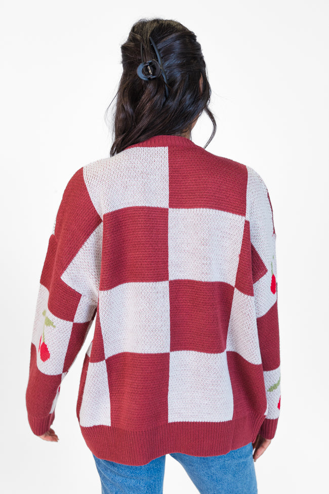 Cherry Much In Love Brick and White Multi Checkered Cardigan - Cozy Knit Sweater for Women | Perfect for Fall, Winter & Casual Outfits