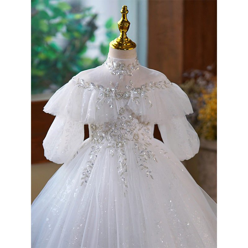 Elegant White Sequin Tulle A-Line Dress with Lace Details & Lantern Sleeves - Perfect for Prom, Wedding Guest & Special Occasions
