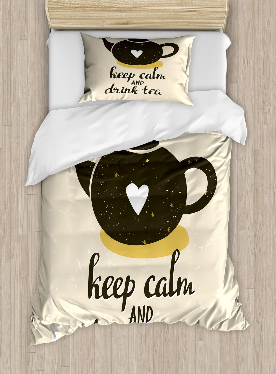 Ambesonne Keep Calm Duvet Cover Set - 2 Pack King Size Green Eggshell Bedding with Tea Lettering & Heart Teapot Design, Includes 2 Duvet Covers & 4 Pillowcases | Perfect for Cozy Tea Lovers' Bedroom Decor, Guest Room Essentials & Relaxing Weekend Retreats