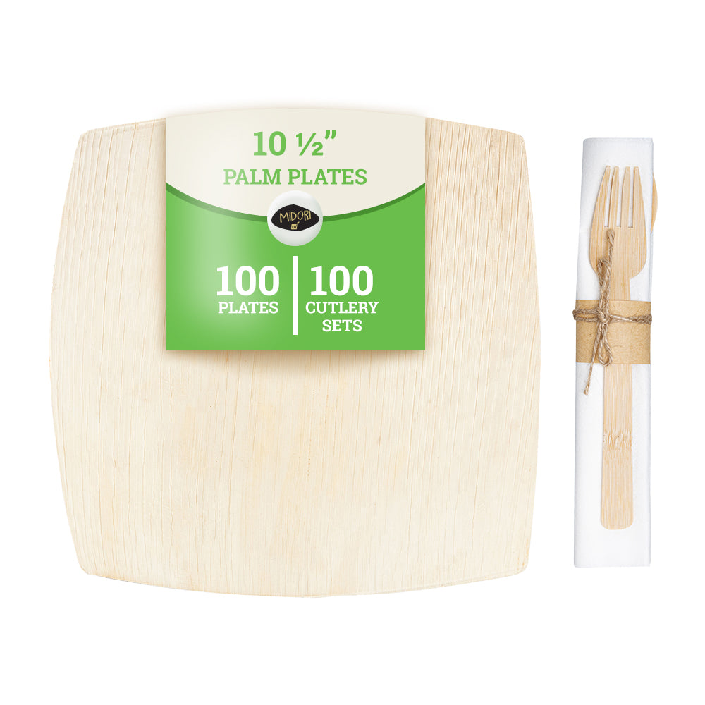 100-Pack Eco-Friendly Palm Leaf Plates & Bamboo Flatware Set - 10.5