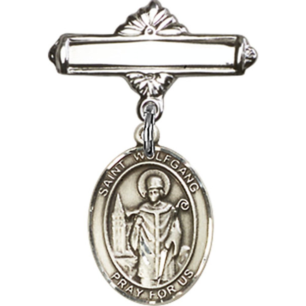 1 X 5/8 Inch Sterling Silver Baby Badge with St. Wolfgang Charm - Polished Pin for Christening, Baptism & First Communion Gifts