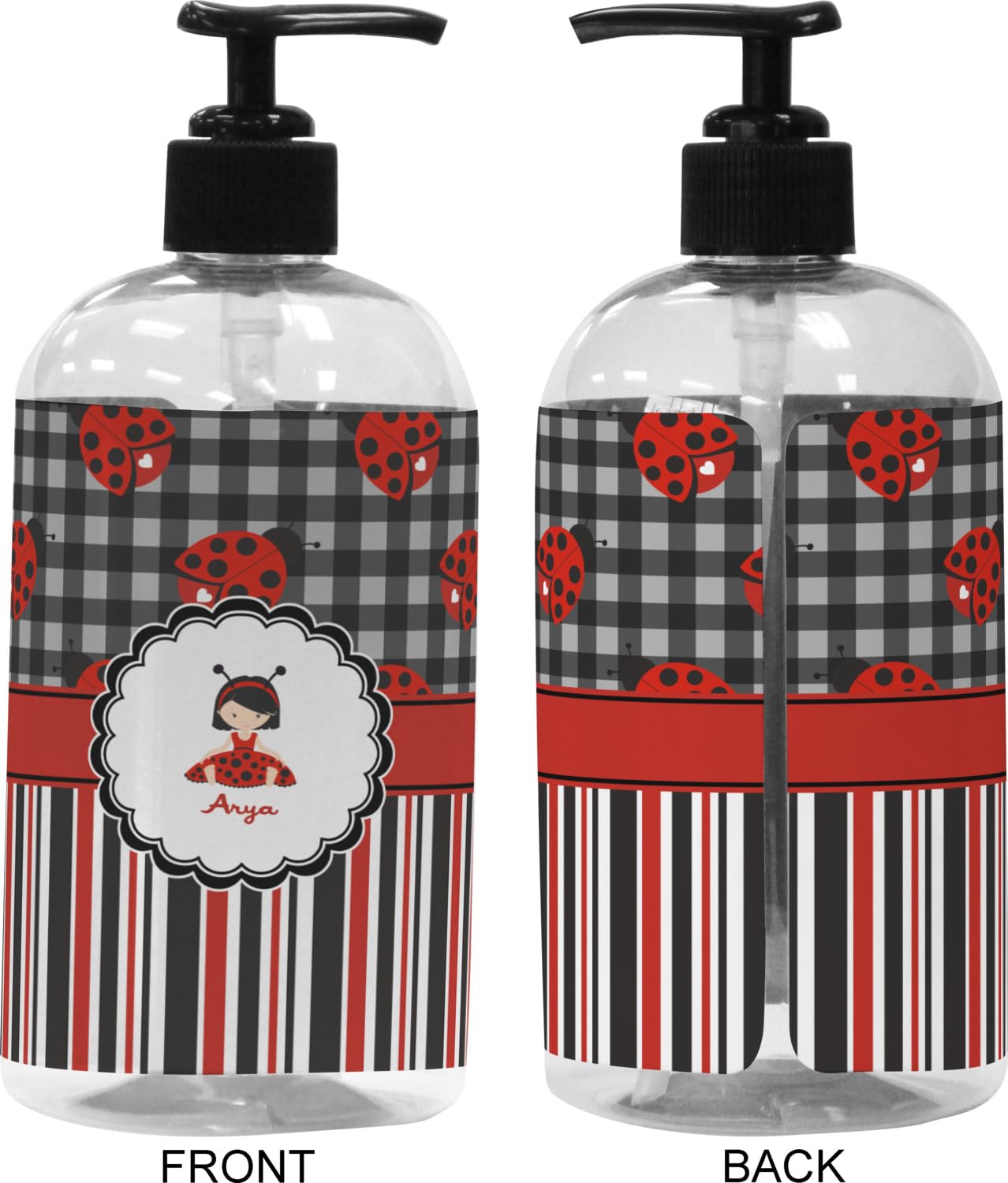 Personalized Ladybugs & Stripes Plastic Soap/Lotion Dispenser - 16 oz Large Black - Perfect for Bathroom, Kitchen, or Guest Room Decor