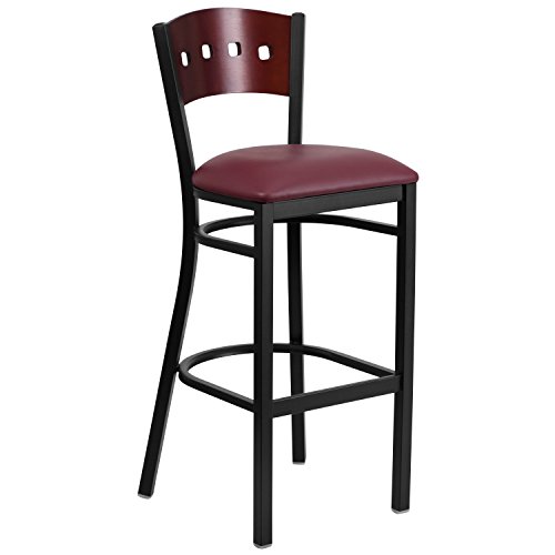 Mahogany Wood Back/Burgundy Vinyl Seat/Black Metal Frame