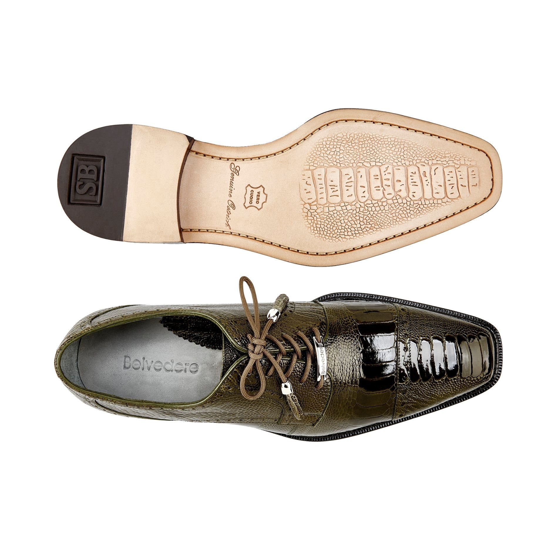 Belvedere Batta Genuine Ostrich Leather Dress Shoes for Men - Olive Brown Business Formal Shoes 14006 | Premium Office & Wedding Dress Shoes for Professional Occasions