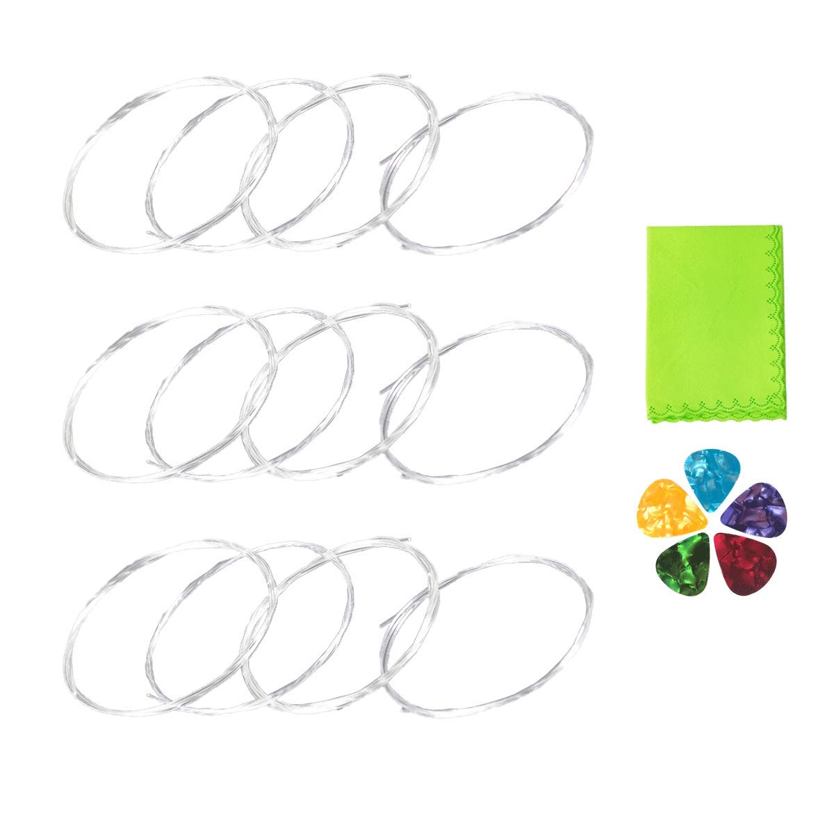 Premium Clear Nylon Ukulele Strings - 3 Full Sets with 5 Guitar Picks & Green Cleaning Cloth | Perfect for Ukulele Maintenance & Replacement | Ideal for Beginners, Professionals & Travel Musicians
