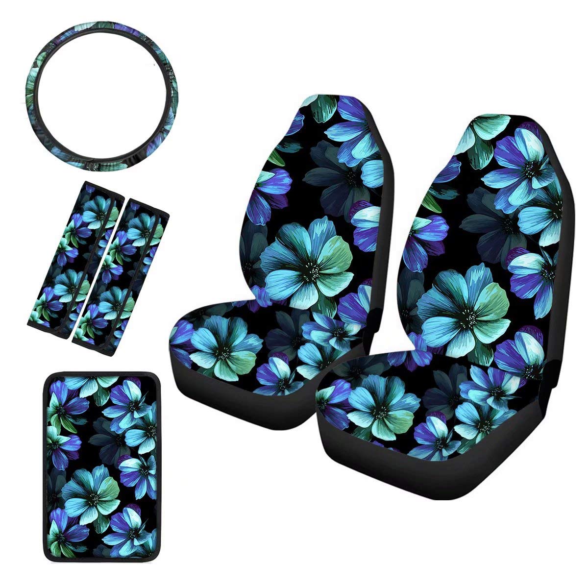 Premium Universal Sedan & SUV Car Seat Covers 6-Piece Set with Steering Wheel Cover, Seat Belt Pads & Armrest Covers - Hawaiian Floral Blue Design for Comfort & Style - Perfect for Road Trips, Daily Commutes & Car Protection
