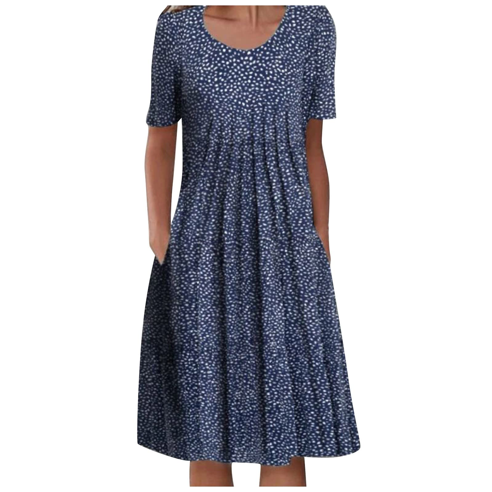 XHJUN Women's Summer Fashion Dress - Floral Print O-Neck Short Sleeve Loose Fit Pullover Dress with Pockets | Casual Wear, Beach Outfit, Cocktail Party Dress
