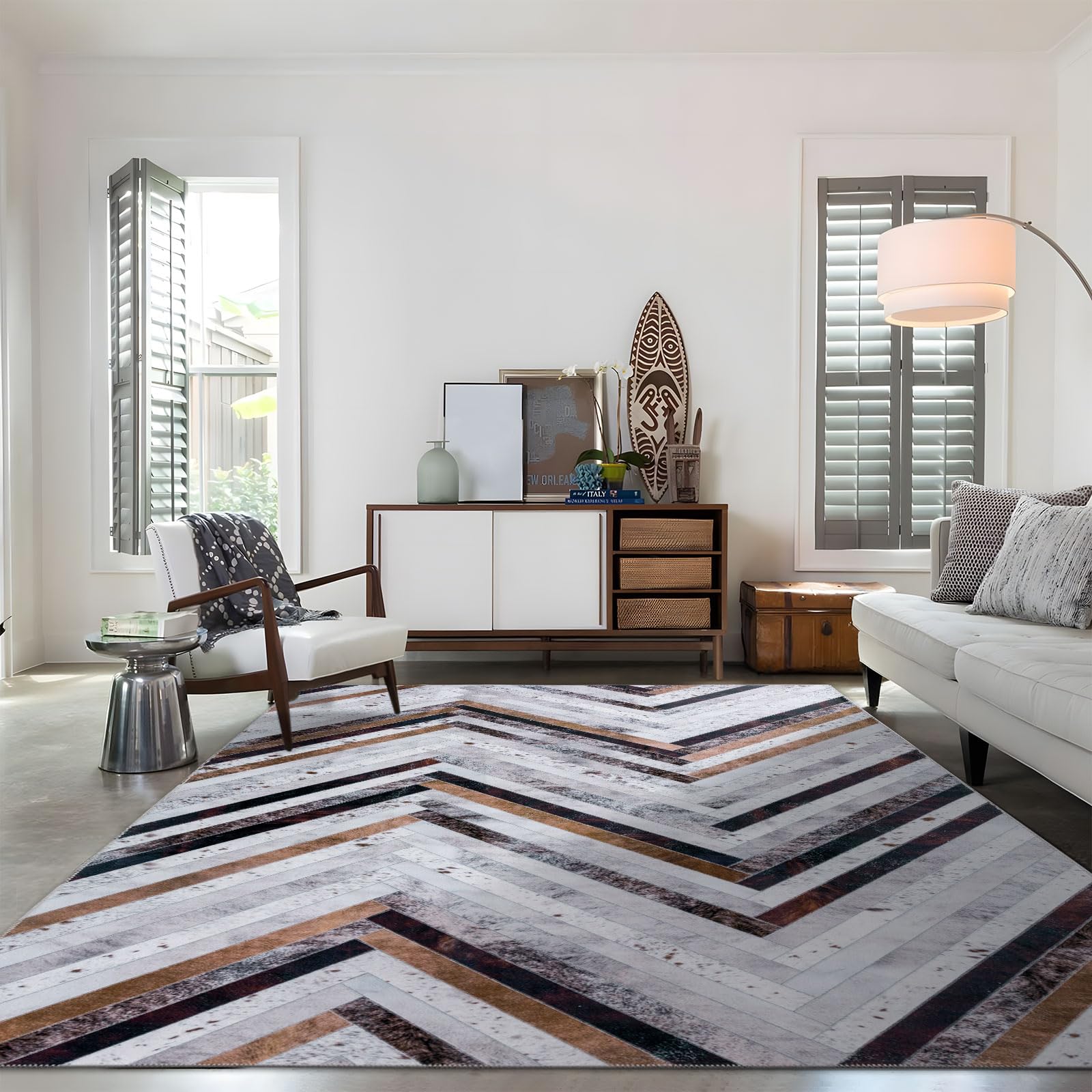 DECOMALL Washable Area Rugs - Modern Geometric Faux Cowhide Patchwork Rug 9x12ft, Non-Slip Large Carpet for Living Room, Bedroom, Office - Soft & Durable Home Decor for Family Gatherings & Relaxation