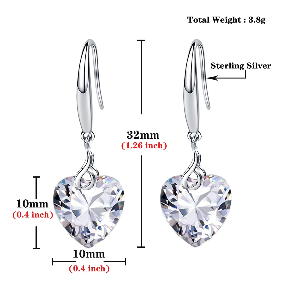 925 Sterling Silver Heart Dangle Earrings for Women - 10mm Cubic Zirconia Drop Earrings, White Gold Plated Jewelry Gift for Girls, Perfect for Valentine's Day, Anniversary & Special Occasions