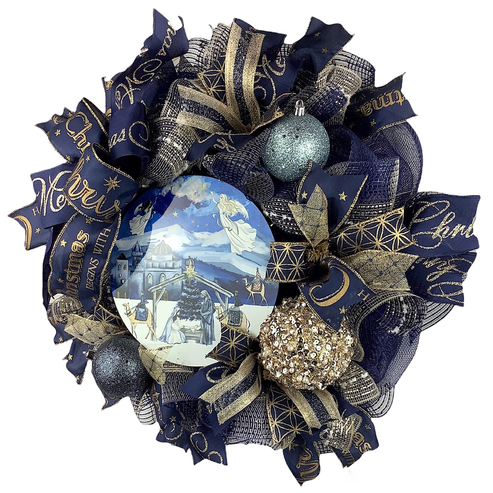 Nativity Christmas Wreath with Baby Jesus in Manger - Elegant Navy Blue & Gold Ball Ornaments and Bow - Perfect for Front Door Decor, Holiday Mantel, and Church Christmas Displays