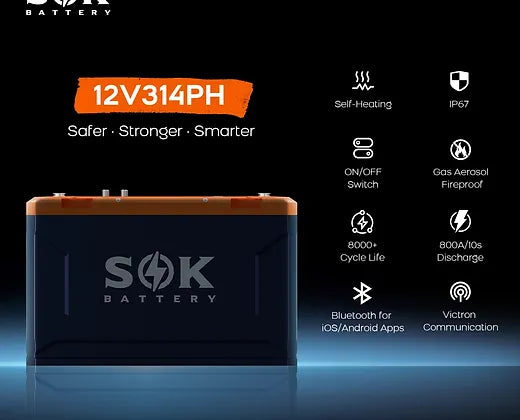 SOK 12V 314Ah LiFePO4 Lithium Battery with Built-in Heater & Bluetooth - Perfect for RV, Marine, Solar Power & Off-Grid Energy Storage