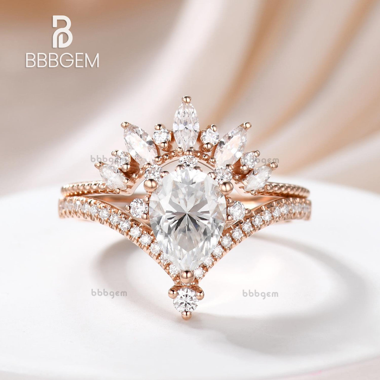 Vintage Pear Moissanite Ring Set - Diamond Curve Shaped Wedding Band - Royal Crown Fashion Jewelry for Engagement, Anniversary & Special Occasions