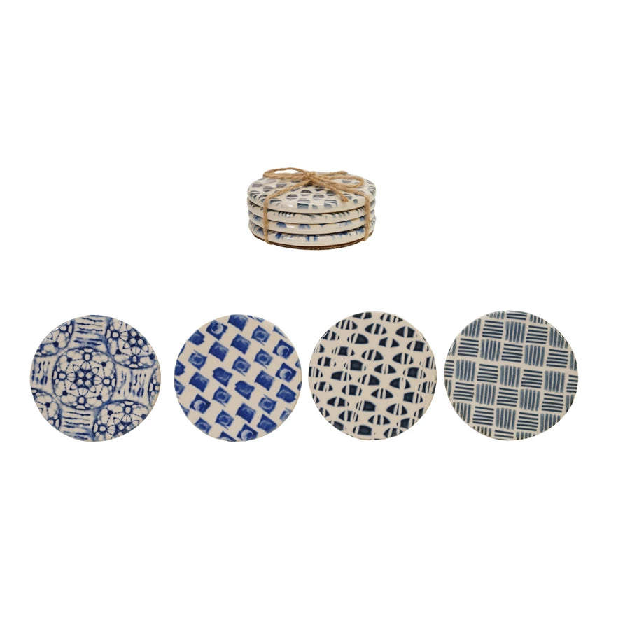 Premium Blue & White Stoneware Coaster Set of 4 - Elegant Ceramic Drink Coasters for Home, Office & Restaurants - Perfect for Protecting Tables from Hot & Cold Beverages
