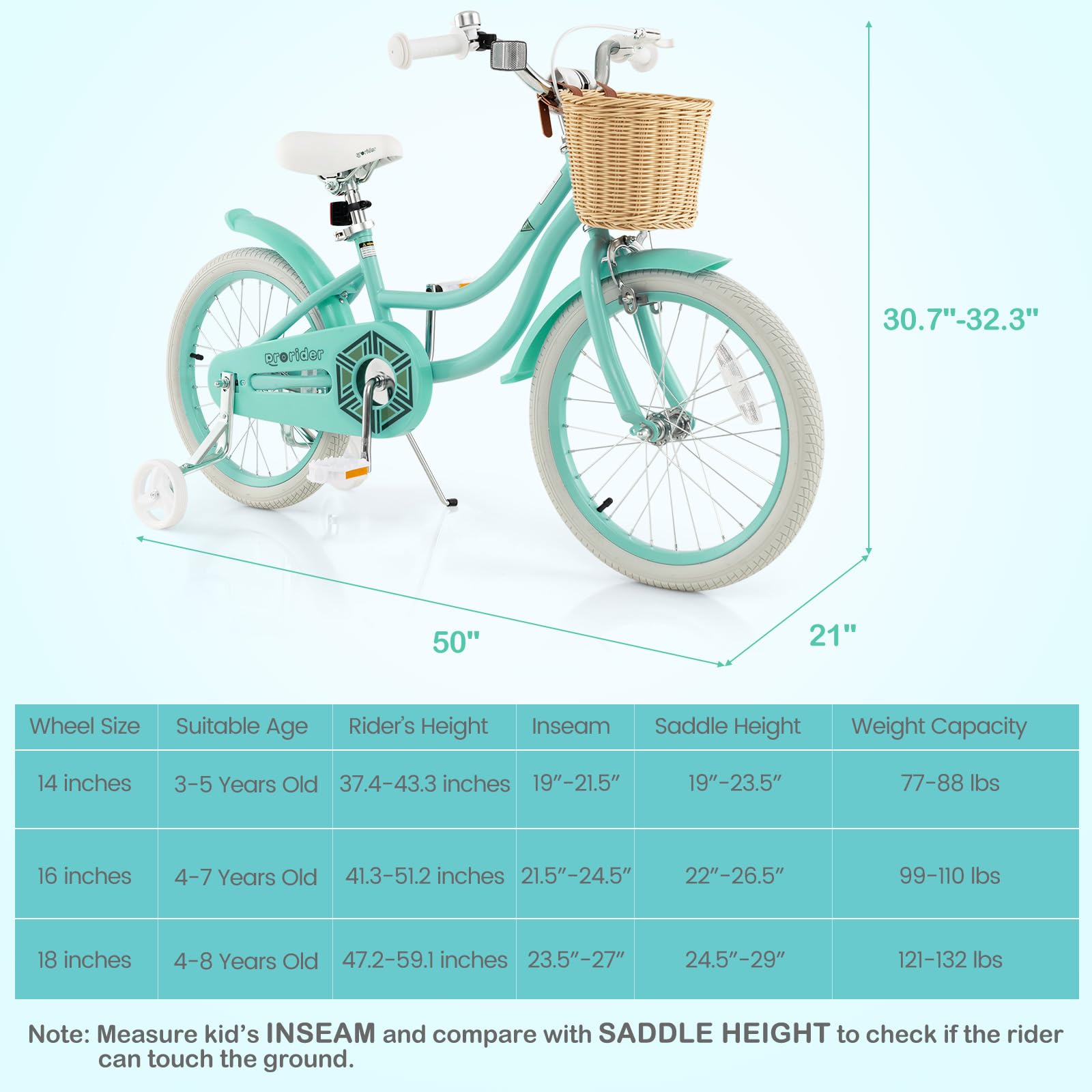 BABY JOY 14 16 18 Inch Kids Bike with Training Wheels - Adjustable Height Retro Bicycle for Boys & Girls Ages 3-8 Years Old - Includes Rattan Basket, Handbrake & Coaster Brake (Pink, Green, Blue) - Perfect for Neighborhood Rides, Park Adventures & Learning to Cycle